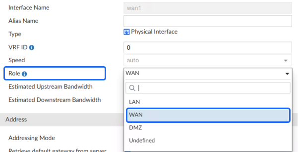 Show setting Role to WAN for an Interface on FortiManager