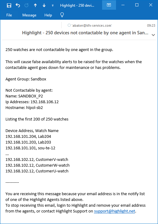 Agent connectivity alert email